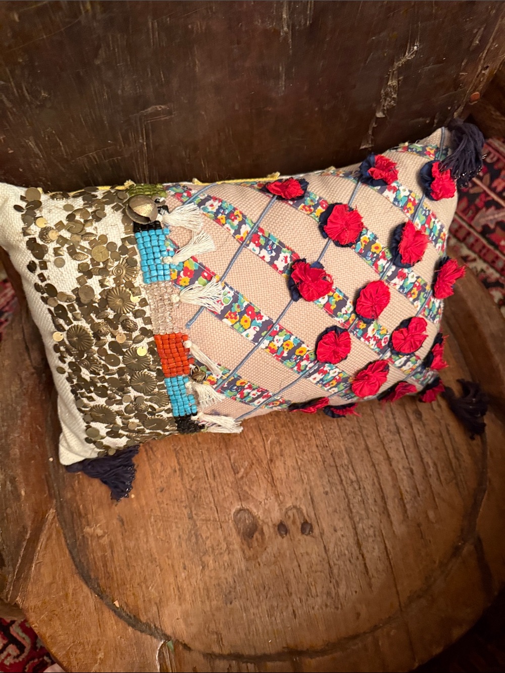 Decorative Boho Pillow with Pink, Red & Gold Accents